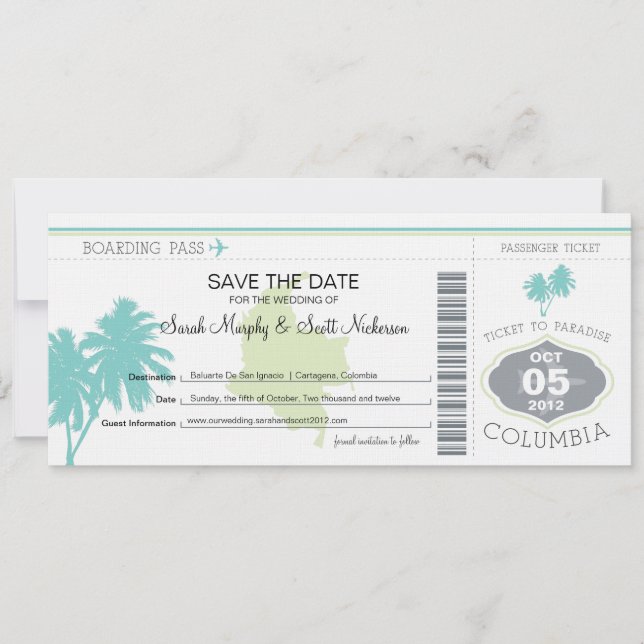 Save the Date Boarding Pass to Columbia (Front)