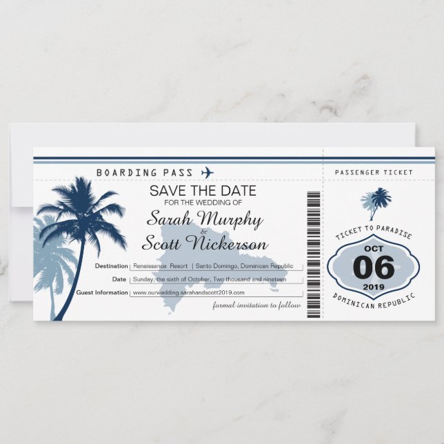 Save the Date Boarding Pass to Dominican Republic (Front)