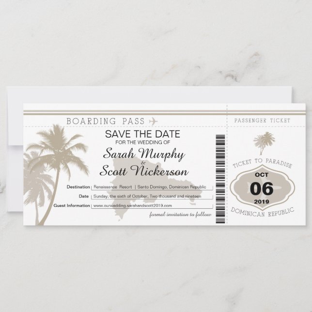Save the Date Boarding Pass to Dominican Republic (Front)