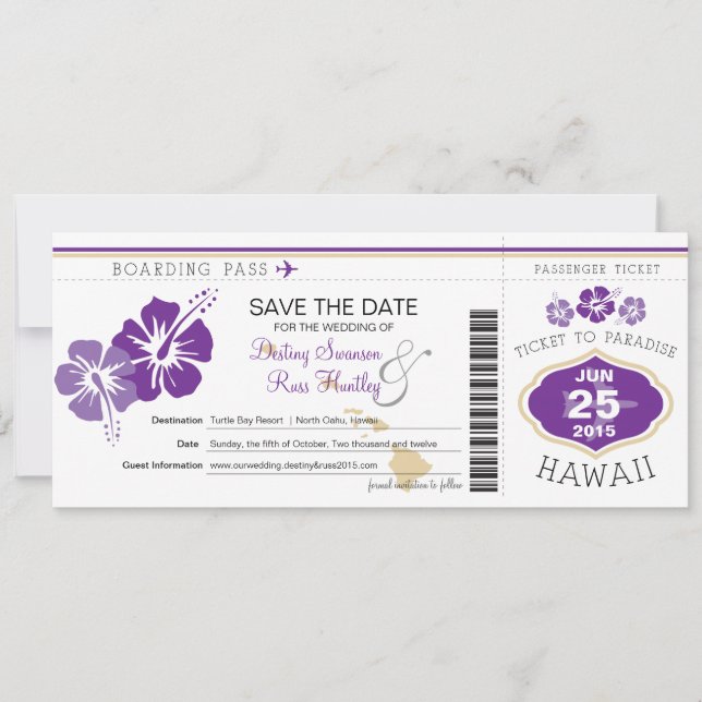 Save the Date Boarding Pass to Hawaii (Front)