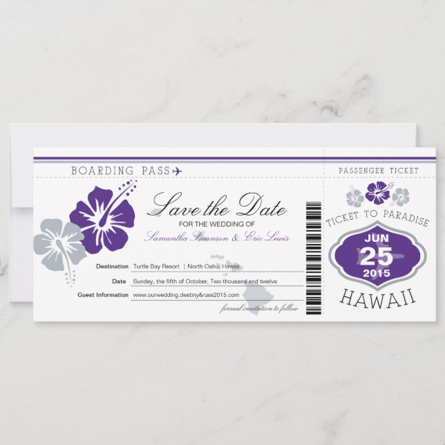 Save the Date Boarding Pass to Hawaii (Front)