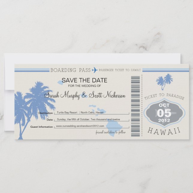 Save the Date Boarding Pass to Hawaii (Front)