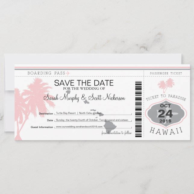 Save the Date Boarding Pass to Hawaii (Front)