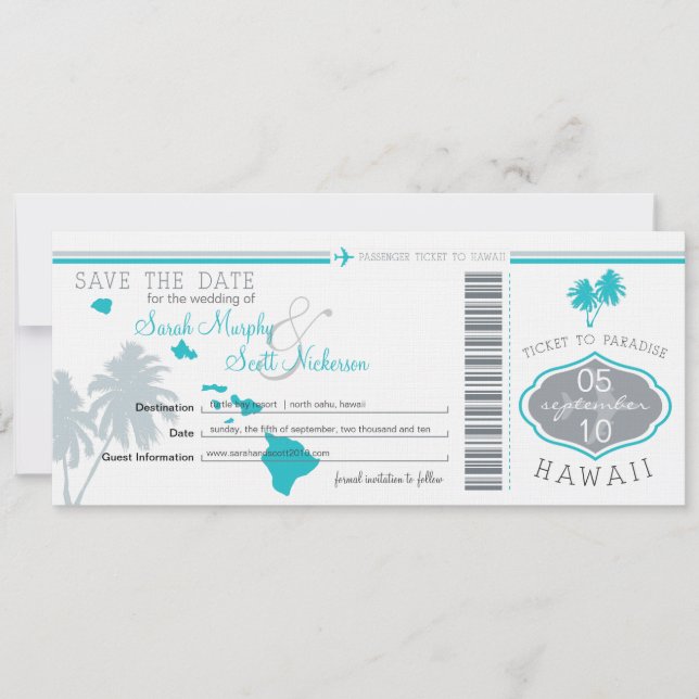 Save the Date Boarding Pass to Hawaii (Front)