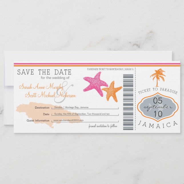 Save the Date Boarding Pass to Jamaica (Front)