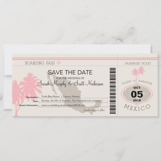 Save the Date Boarding Pass to Mexico (Front)