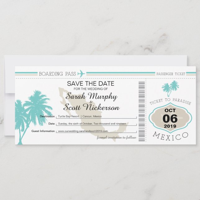 Save the Date Boarding Pass to Mexico (Front)