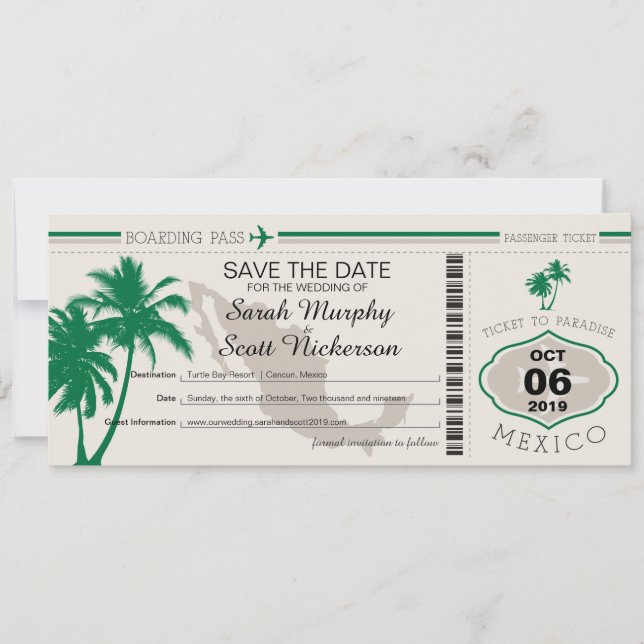 Save the Date Boarding Pass to Mexico (Front)