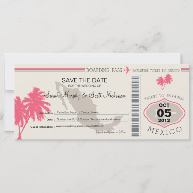 Save the Date Boarding Pass to Mexico (Front)