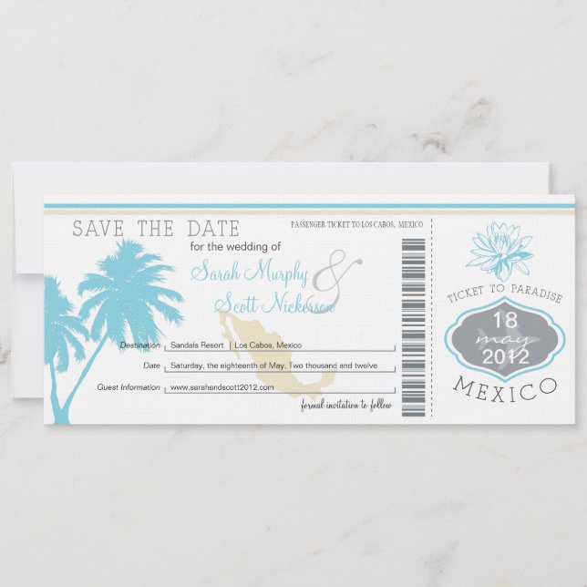 Save the Date Boarding Pass to Mexico (Front)