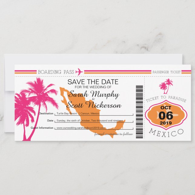 Save the Date Boarding Pass to Mexico (Front)
