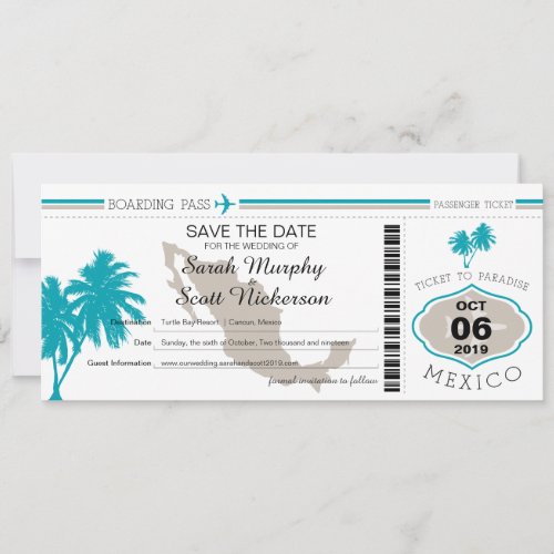 Save the Date Boarding Pass to Mexico