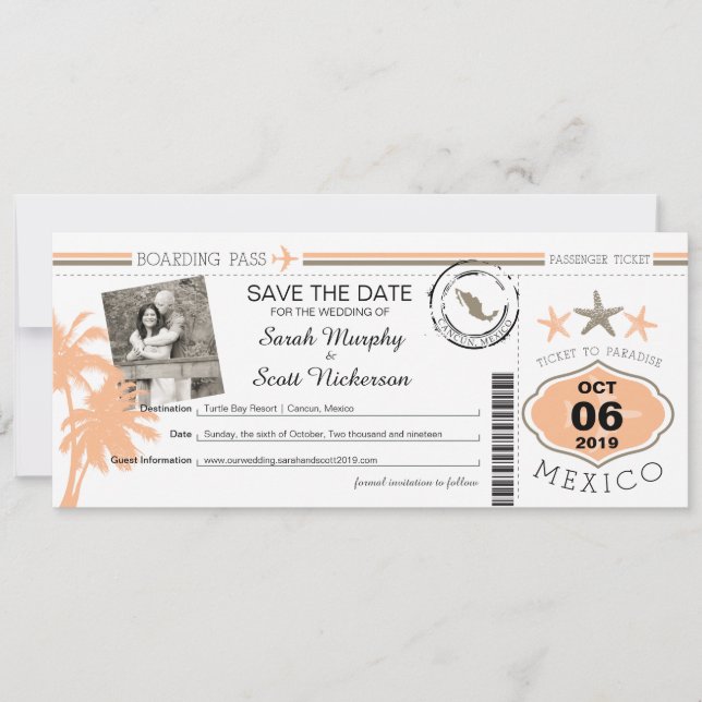 Save the Date Boarding Pass to Mexico (Front)