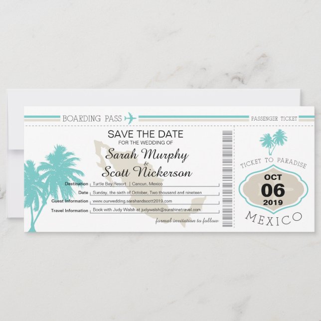 Save the Date Boarding Pass to Mexico (Front)