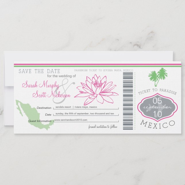 Save the Date Boarding Pass to Mexico (Front)