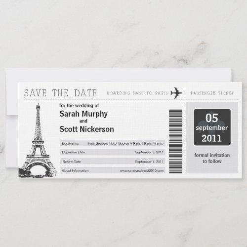 Save the Date Boarding Pass to Paris France