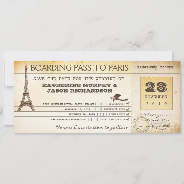 save the date boarding pass to paris france (Front)