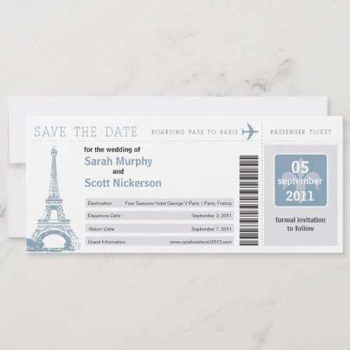 Save the Date Boarding Pass to Paris France Invitation