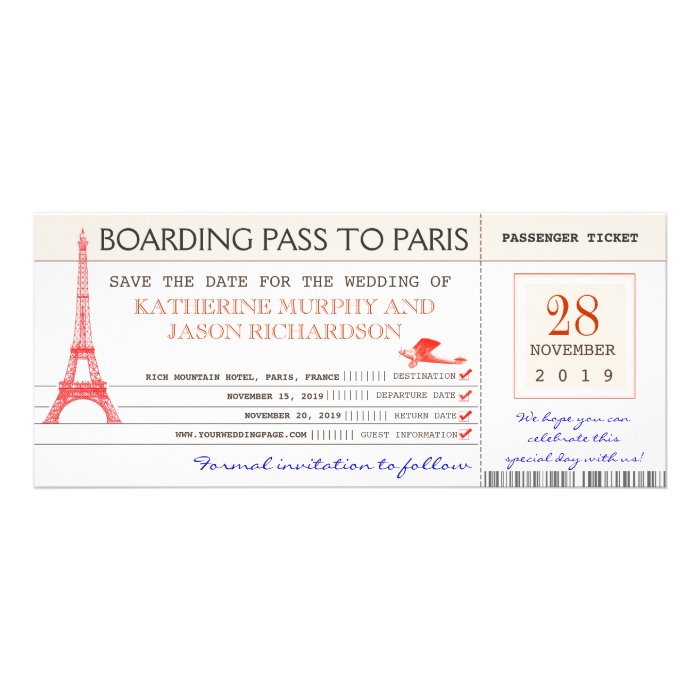 save the date boarding pass to paris france personalized invitations