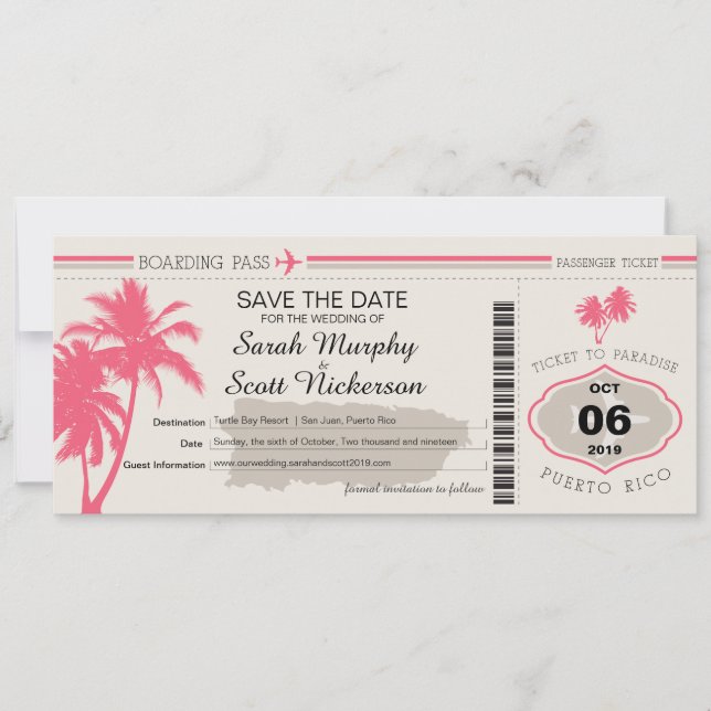 Save the Date Boarding Pass to Puerto Rico (Front)