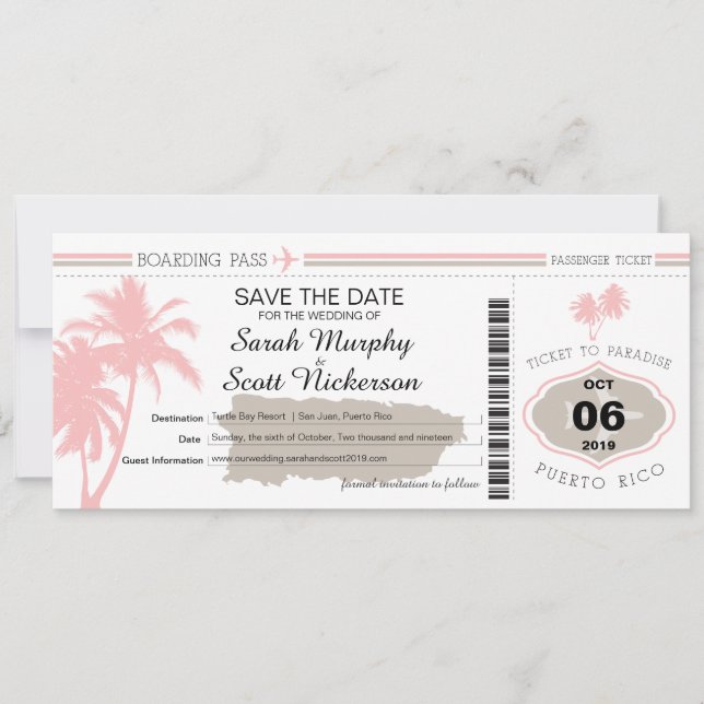 Save the Date Boarding Pass to Puerto Rico (Front)