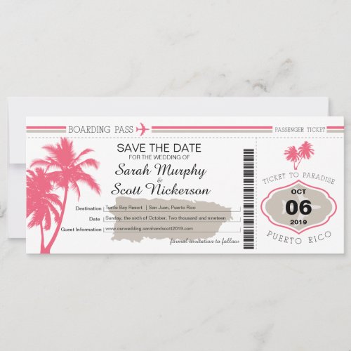 Save the Date Boarding Pass to Puerto Rico