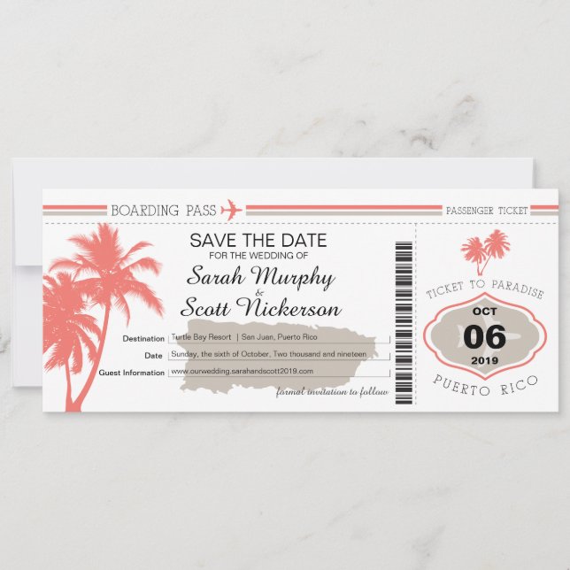 Save the Date Boarding Pass to Puerto Rico (Front)
