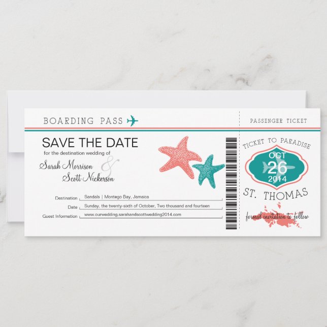Save the Date Boarding Pass to St. Thomas (Front)