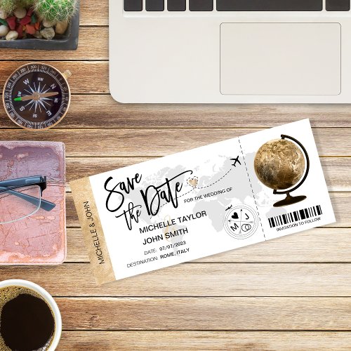 Save the Date Boarding Pass Vintage Map Invitation