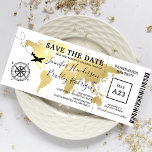 Save the Date Boarding Pass World Map<br><div class="desc">Boarding pass wedding save the date ticket invitation featuring a elegant gold foil destination world map,  compass,  airplane,  and a personalized text template.</div>