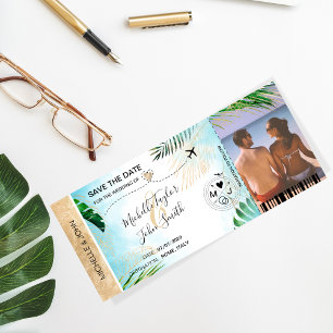 Save the Date Boarding Pass World Map Beach Photo Invitation