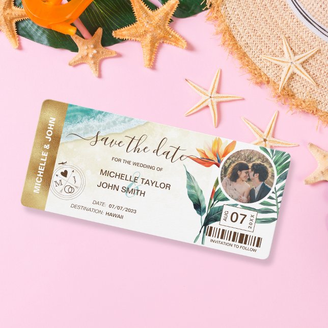 Save the Date Boarding Pass World Map Beach Photo  Invitation (strelitzia and beach watercolor)