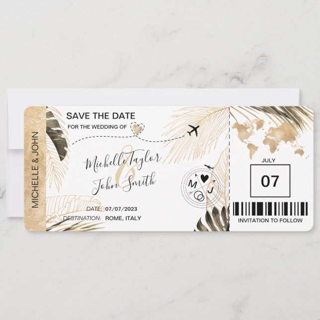 Save the Date Boarding Pass World Map Beach Save   Invitation (Front)