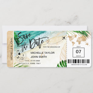 Save the Date Boarding Pass World Map Island Invitation
