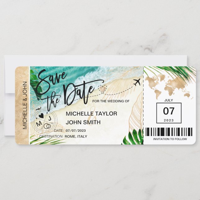Save the Date Boarding Pass World Map Island Invitation (Front)