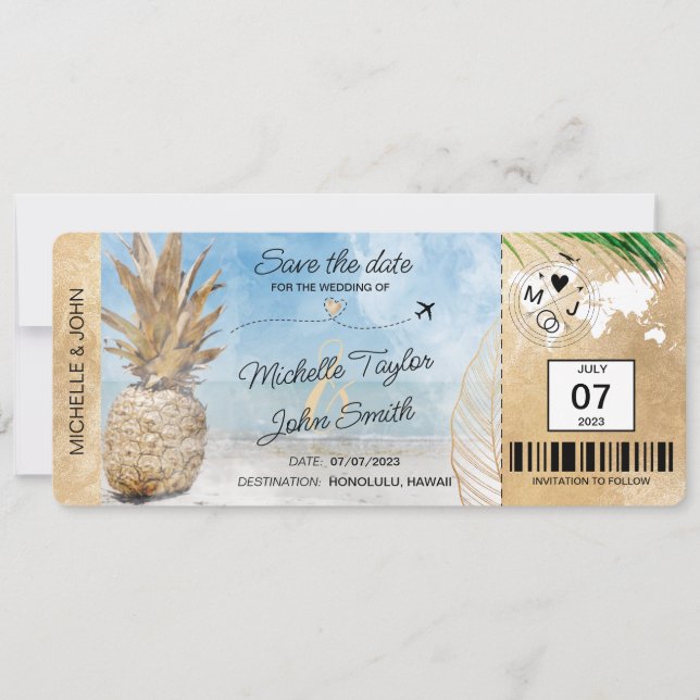 Save the Date Boarding Pass World Map Pineapple In Invitation (Front)