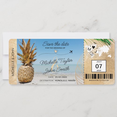 Save the Date Boarding Pass World Map Pineapple In Invitation