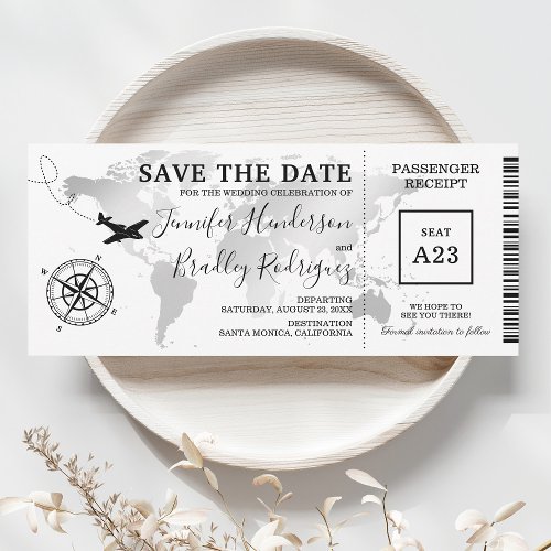 Save the Date Boarding Pass World Map Ticket