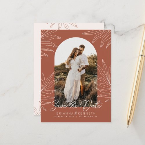 Save the Date Boho Arch Photo Terracotta Botanical Postcard