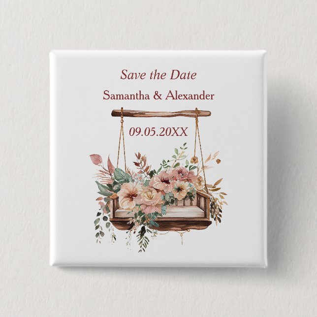 Save the Date Boho Garden Swing Floral  Button (Front)