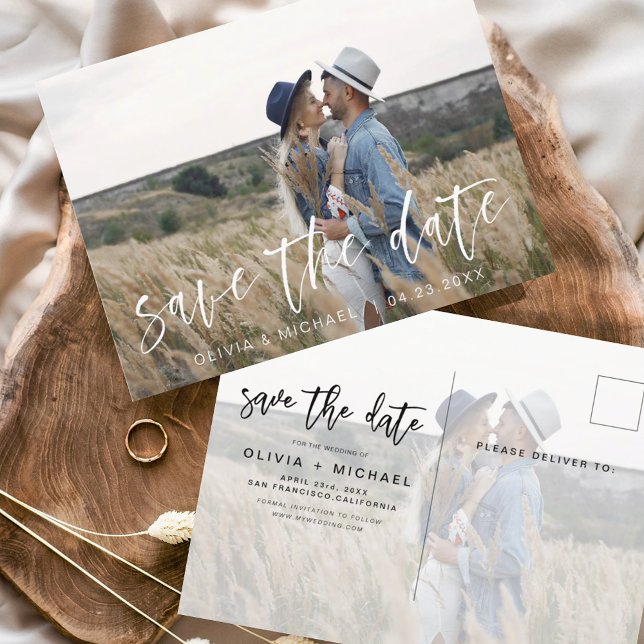 Save the Date Boho Minimalist Photo Modern Postcard (Creator Uploaded)