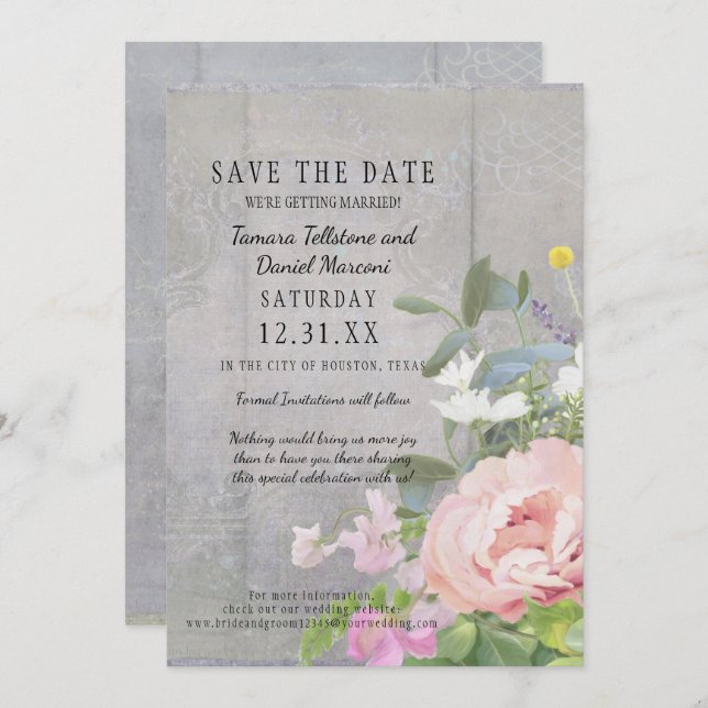 Save the Date BOHO Rustic Floral Wood Barn Peonies Invitation (Front/Back)