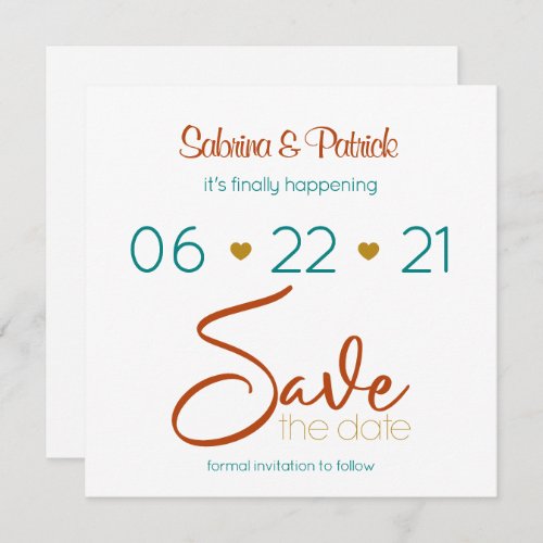 Save the Date Bold Teal Rust Gold Invitation