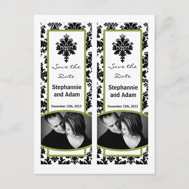 Save the Date Book Mark Favors Black Green Damask Announcement Postcard (Front)