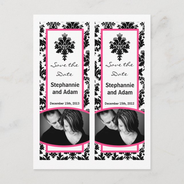 Save the Date Book Mark Favors Black Hot Pink Dama Announcement Postcard (Front)