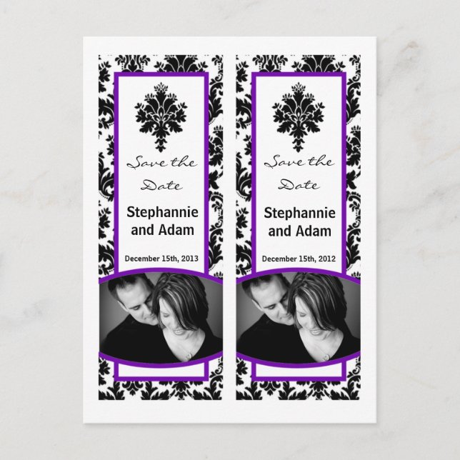 Save the Date Book Mark Favors Black Purple Damask Announcement Postcard (Front)