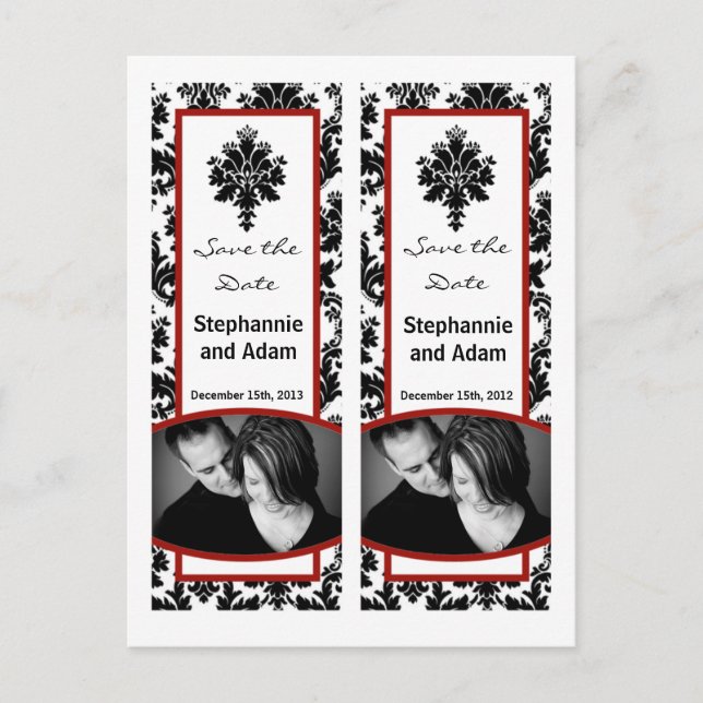 Save the Date Book Mark Favors Black Red Damask Announcement Postcard (Front)