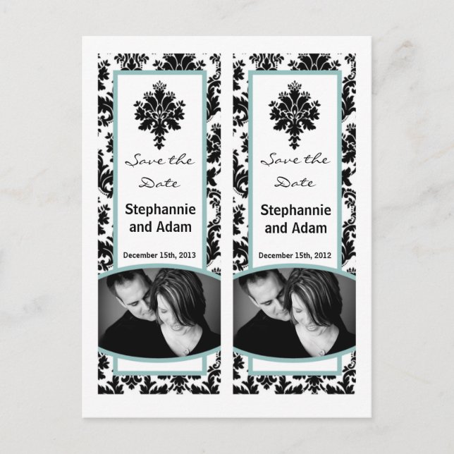 Save the Date Book Mark Favors Black Tiffan Damask Announcement Postcard (Front)