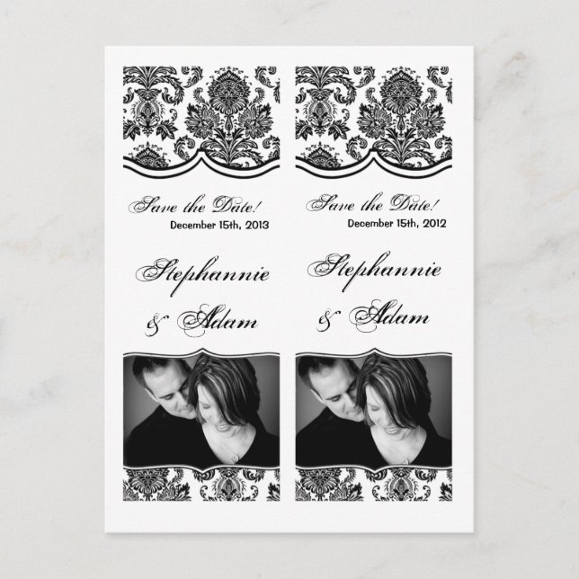 Save the Date Book Mark Favors Black White Damask Announcement Postcard (Front)