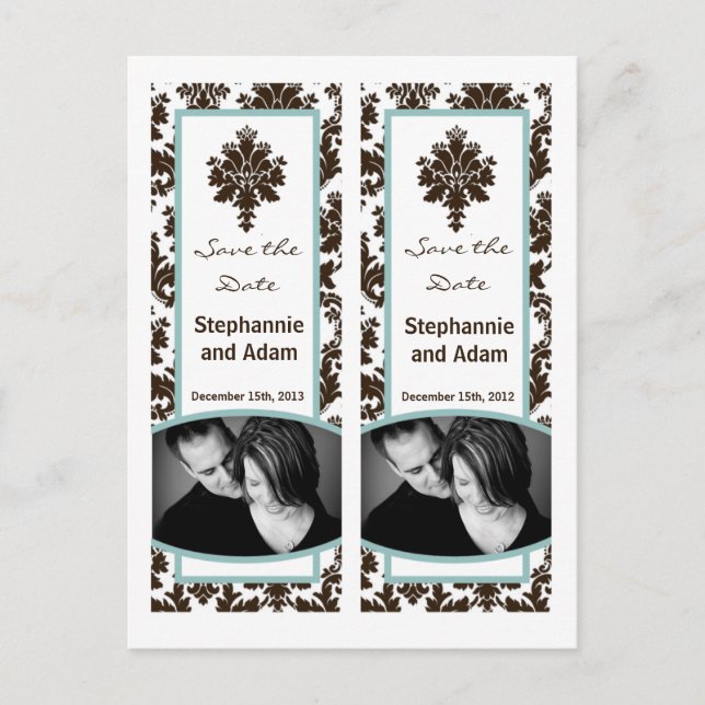 Save the Date Book Mark Favors Brown Tiffan Damask Announcement Postcard (Front)